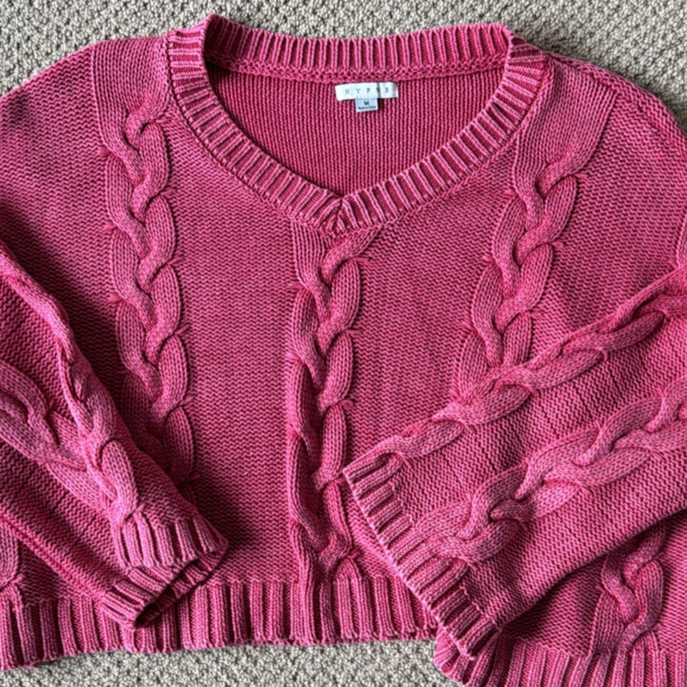 HYFVE Raspberry Cable Knit V-Neck Sweater - Picture 2 of 3